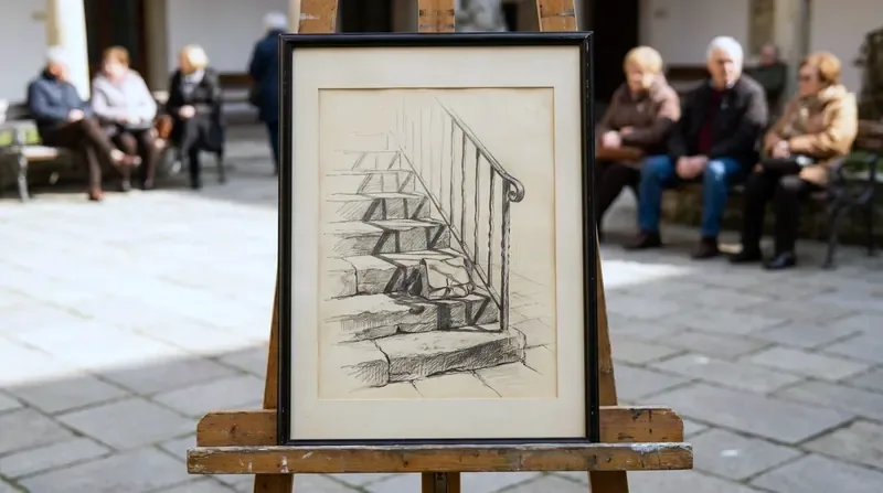 A hand-drawn sketch of wide stone courthouse steps with a handrail