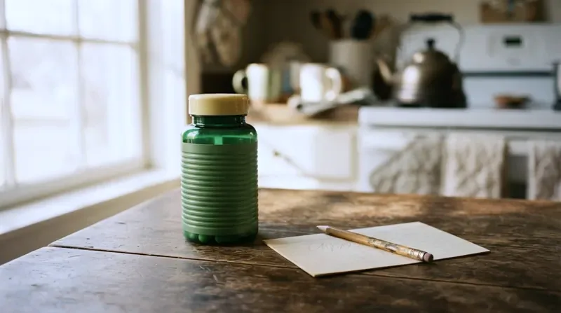 A green ribbed supplement bottle with a yellow cap standing on a kitchen table next to a manila library card