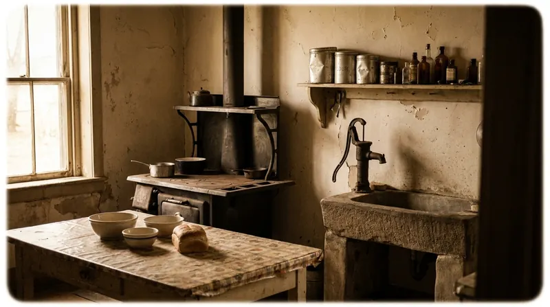 A 1930s farmhouse kitchen with a wood stove, oilcloth table and dark bottles on a shelf