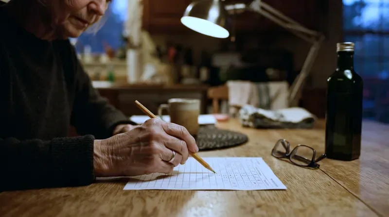 A supplement panel being read under a desk lamp with a pencil pointing to a line