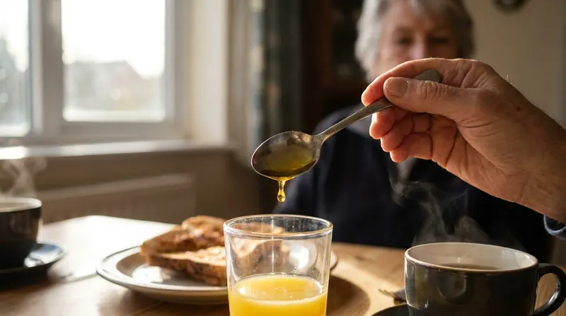 A golden teaspoon of oil being poured into a small glass at a breakfast table