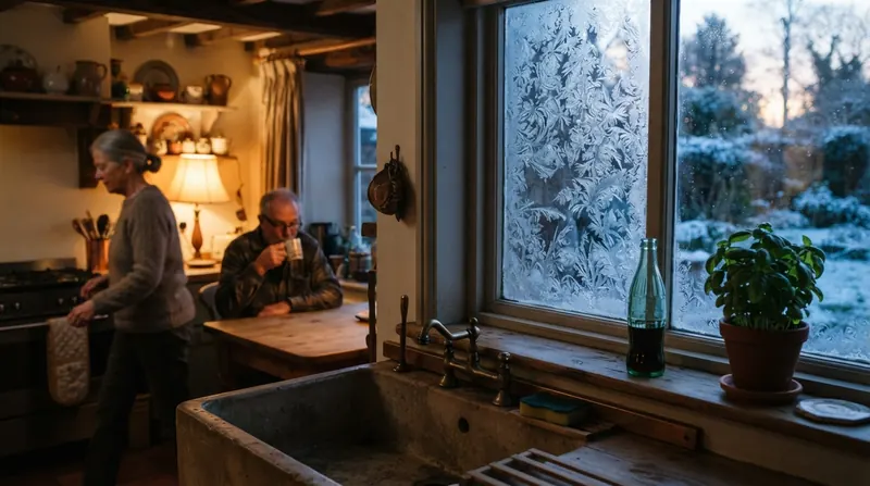 Frost on a kitchen window above a sink with a green bottle on the sill