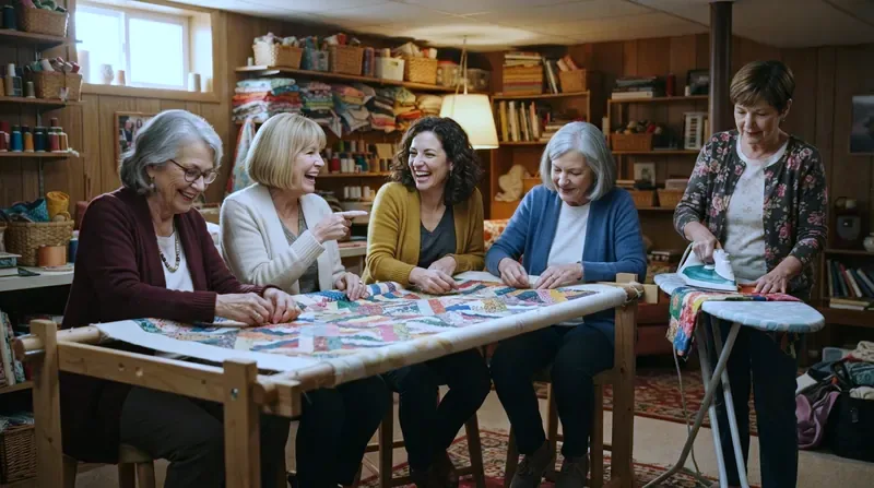 Four older women quilting around a frame in a basement recreation room