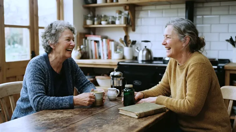 Two older women laughing over coffee at a kitchen table with a notebook between them