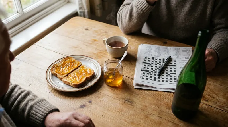 A breakfast table with toast, a small glass of golden oil, a teakettle and a crossword